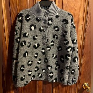 LOFT Gray Animal Print Sherpa Pullover